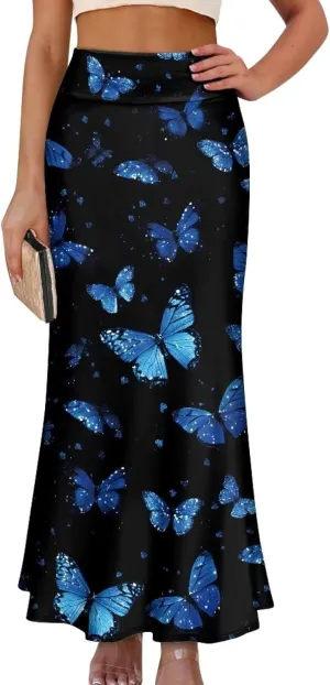 Long Skirts for Women High Waisted A-Line Stretchy Maxi Skirt Flared Casual Ruffle Hem Skirt Party Wedding Skirts