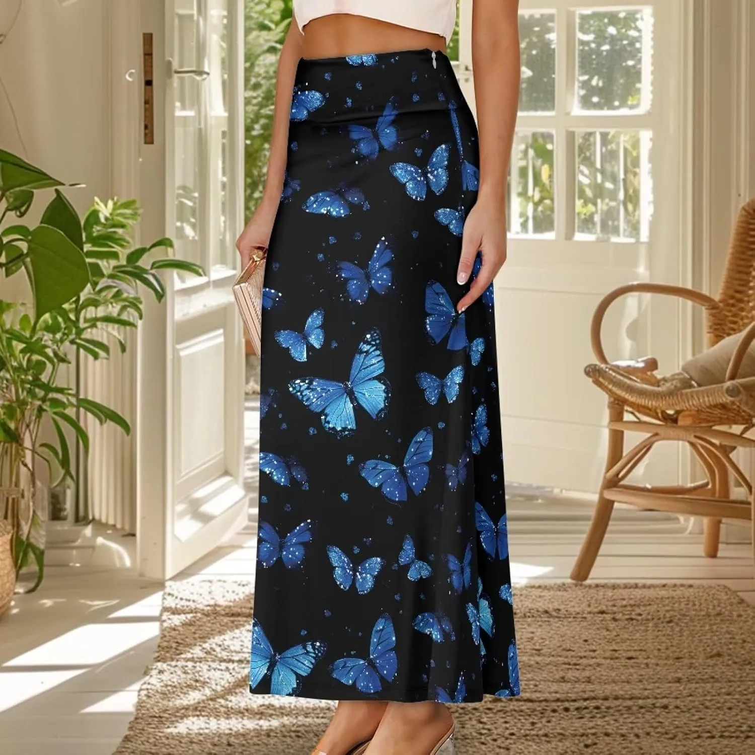 Long Skirts for Women High Waisted A-Line Stretchy Maxi Skirt Flared Casual Ruffle Hem Skirt Party Wedding Skirts