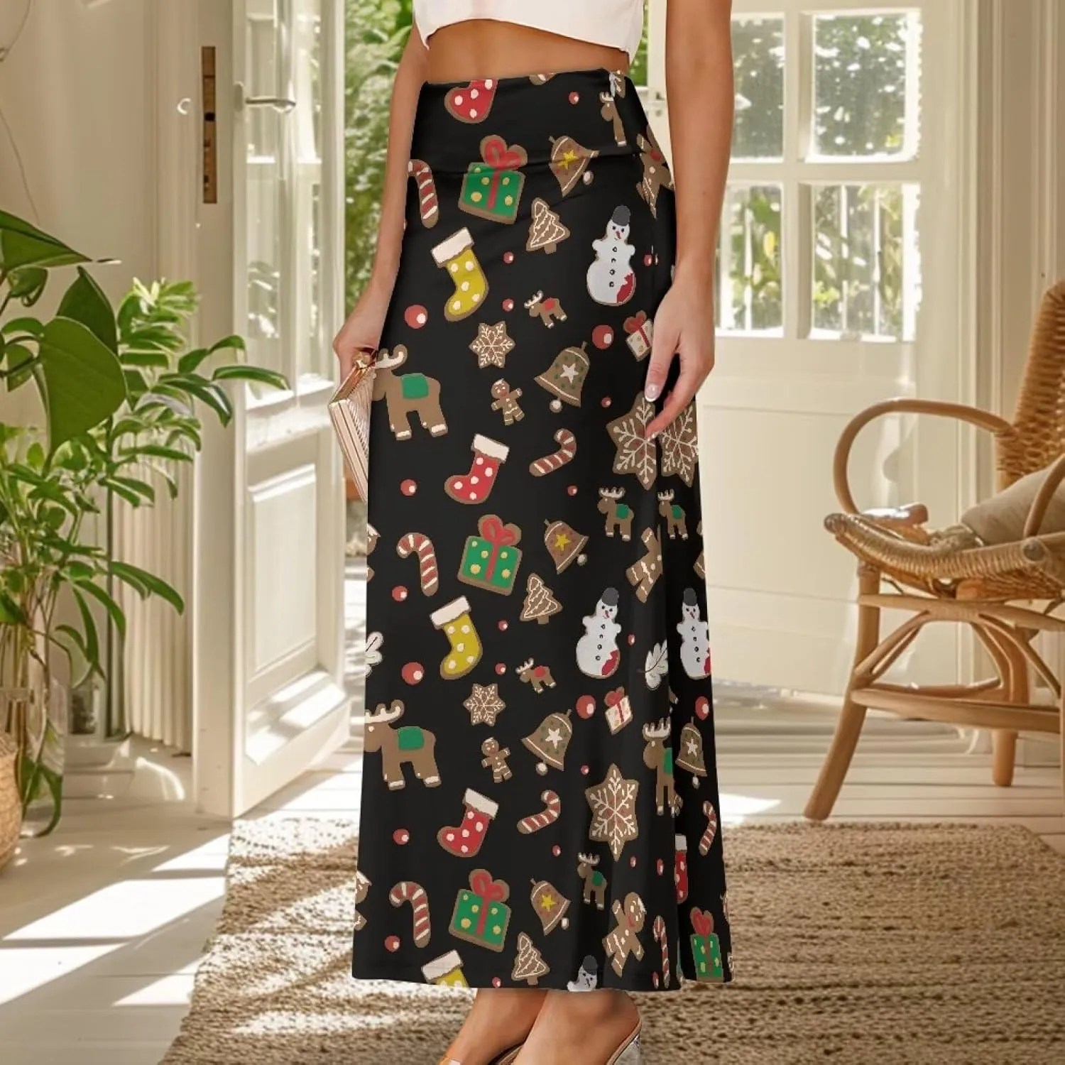 Long Skirts for Women High Waisted A-Line Stretchy Maxi Skirt Flared Casual Ruffle Hem Skirt Party Wedding Skirts