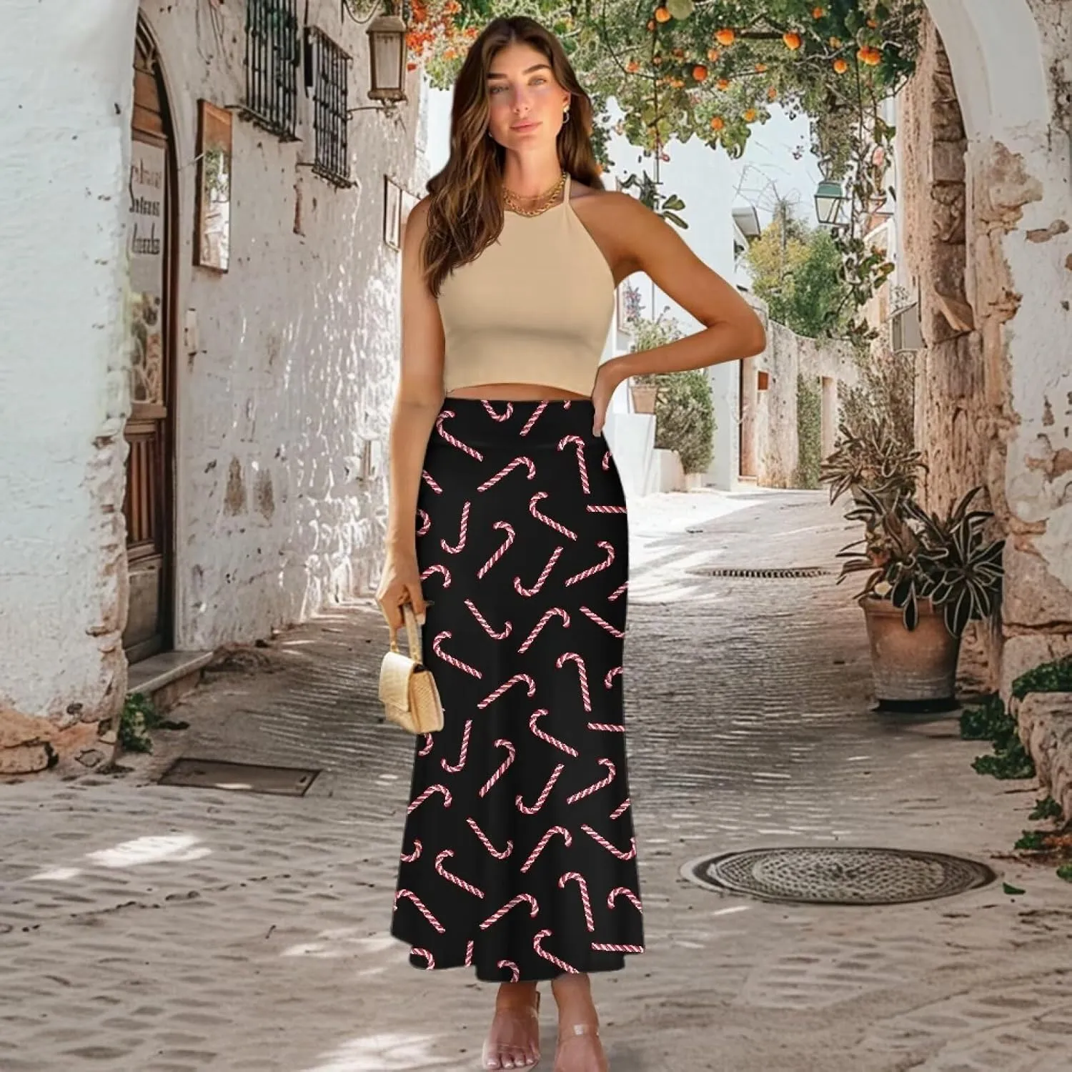 Long Skirts for Women High Waisted A-Line Stretchy Maxi Skirt Flared Casual Ruffle Hem Skirt Party Wedding Skirts