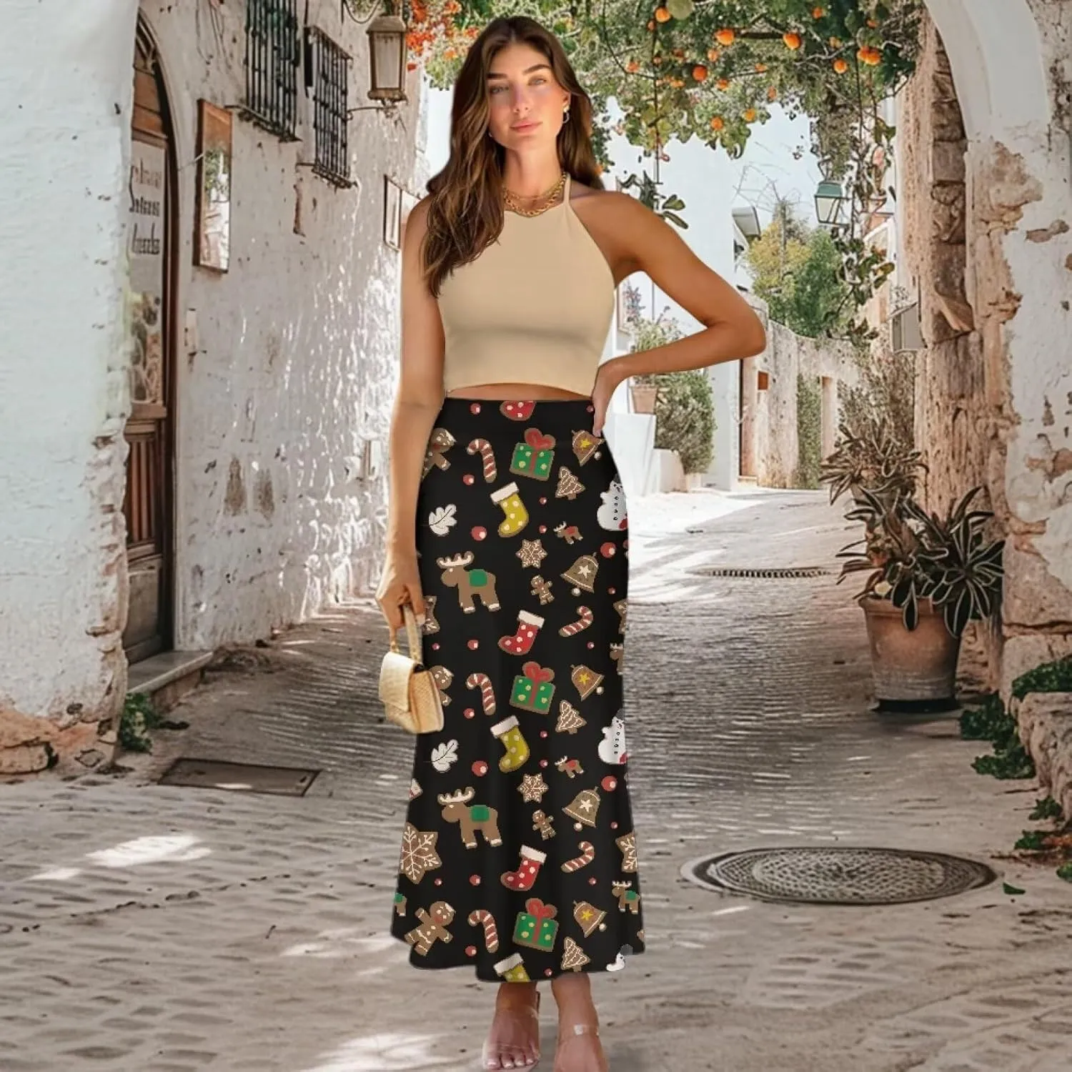 Long Skirts for Women High Waisted A-Line Stretchy Maxi Skirt Flared Casual Ruffle Hem Skirt Party Wedding Skirts