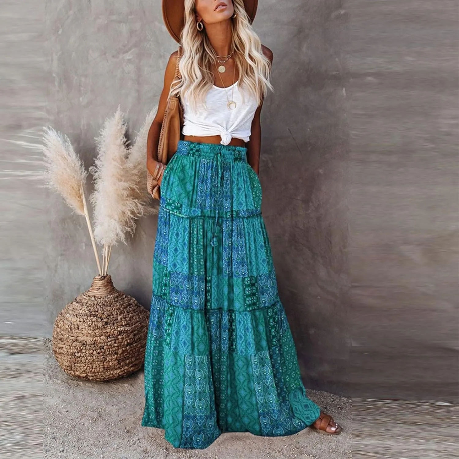 Long Skirts for Women Trendy, Flowy Long Skirts 2025 Summer Womens Boho Maxi Skirt with Pockets High Waisted
