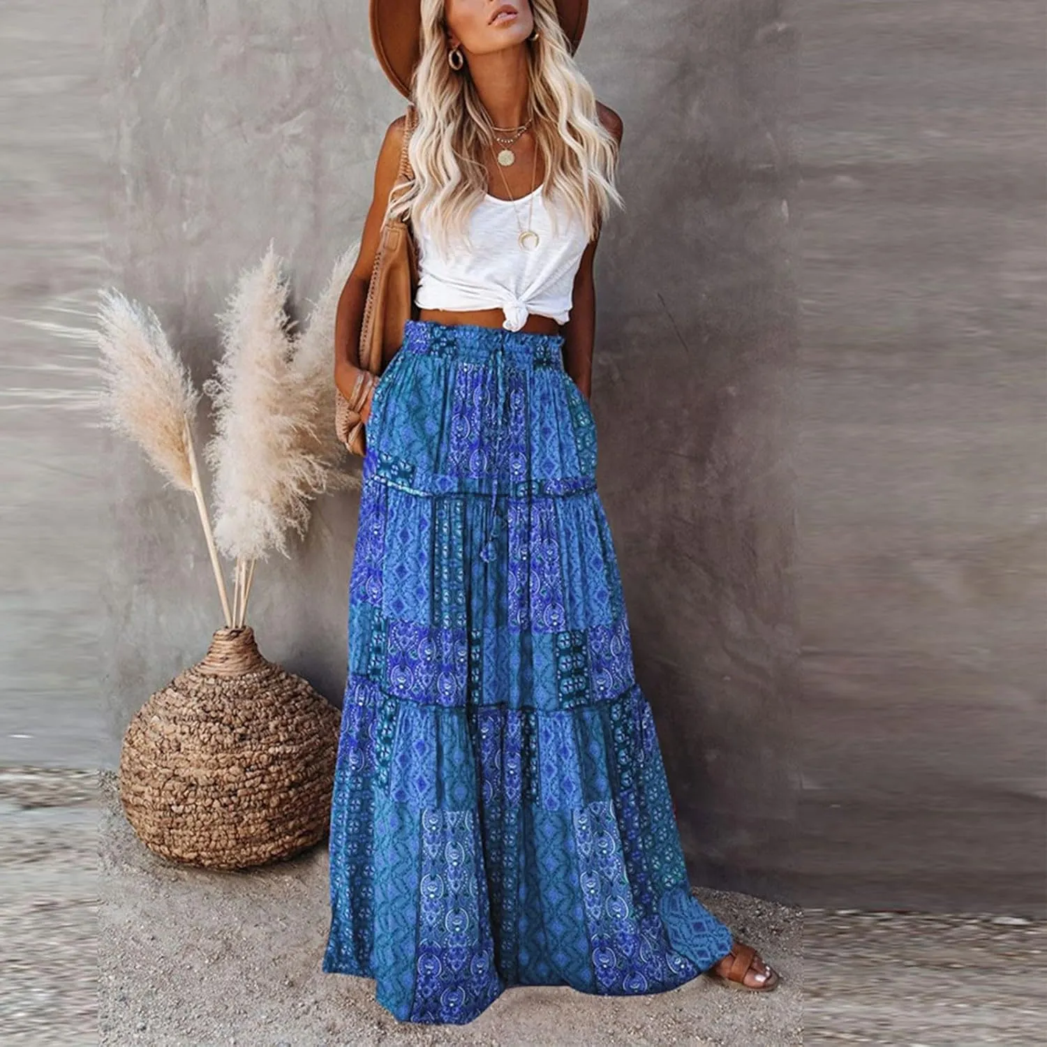 Long Skirts for Women Trendy, Flowy Long Skirts 2025 Summer Womens Boho Maxi Skirt with Pockets High Waisted