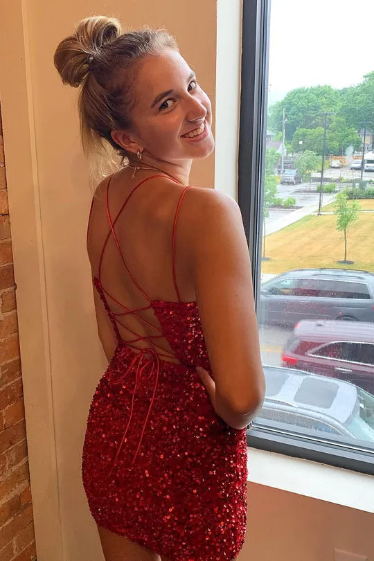 Luolandi Spaghetti Straps Sequin Bodycon Short/Mini Homecoming Cocktail Dresses Sparkly