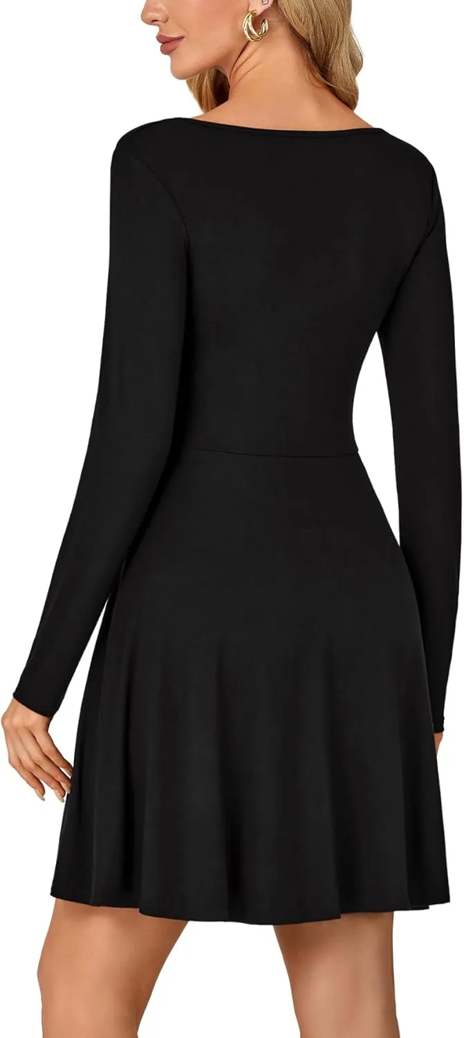 LYANER Women's Long Sleeve Mini Dress Loose Casual Empire Waist Above Knee Length Dresses