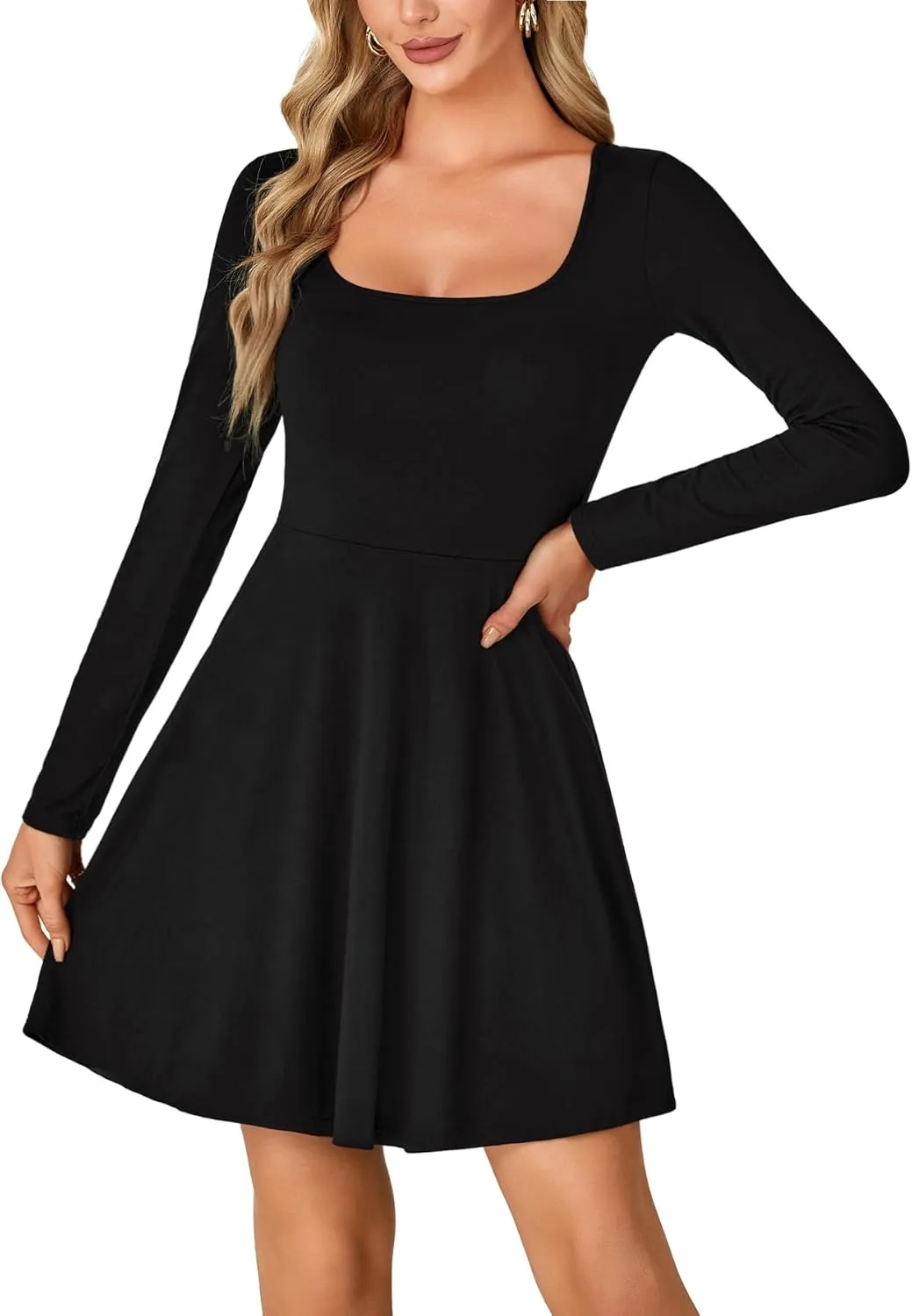 LYANER Women's Long Sleeve Mini Dress Loose Casual Empire Waist Above Knee Length Dresses