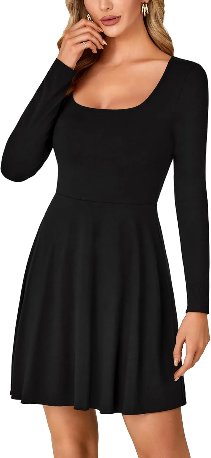 LYANER Women's Long Sleeve Mini Dress Loose Casual Empire Waist Above Knee Length Dresses