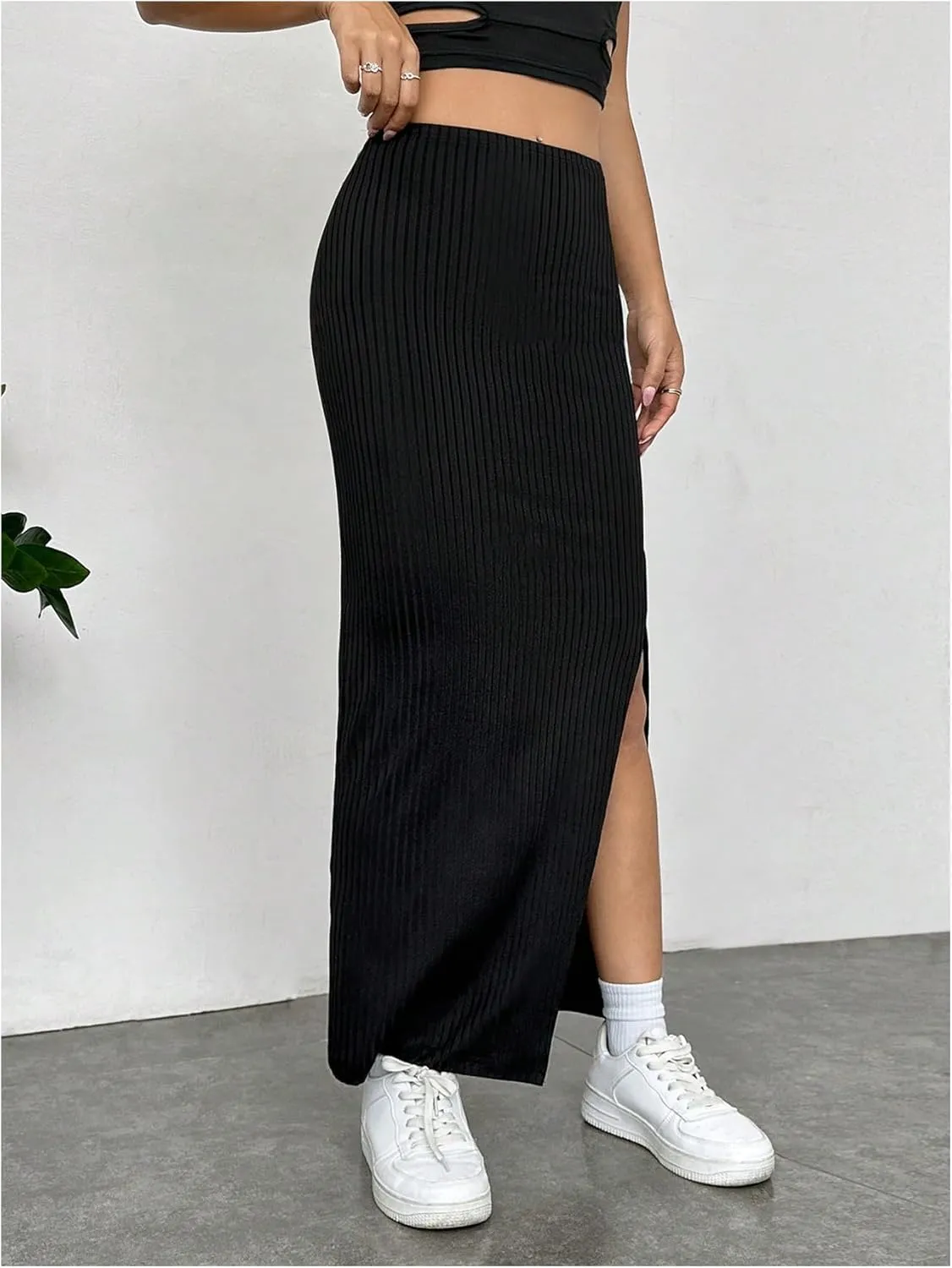 MakeMeChic Women's Elastic High Waisted Split Thigh Skirts Casual Bodycon Pencil Maxi Long Skirt