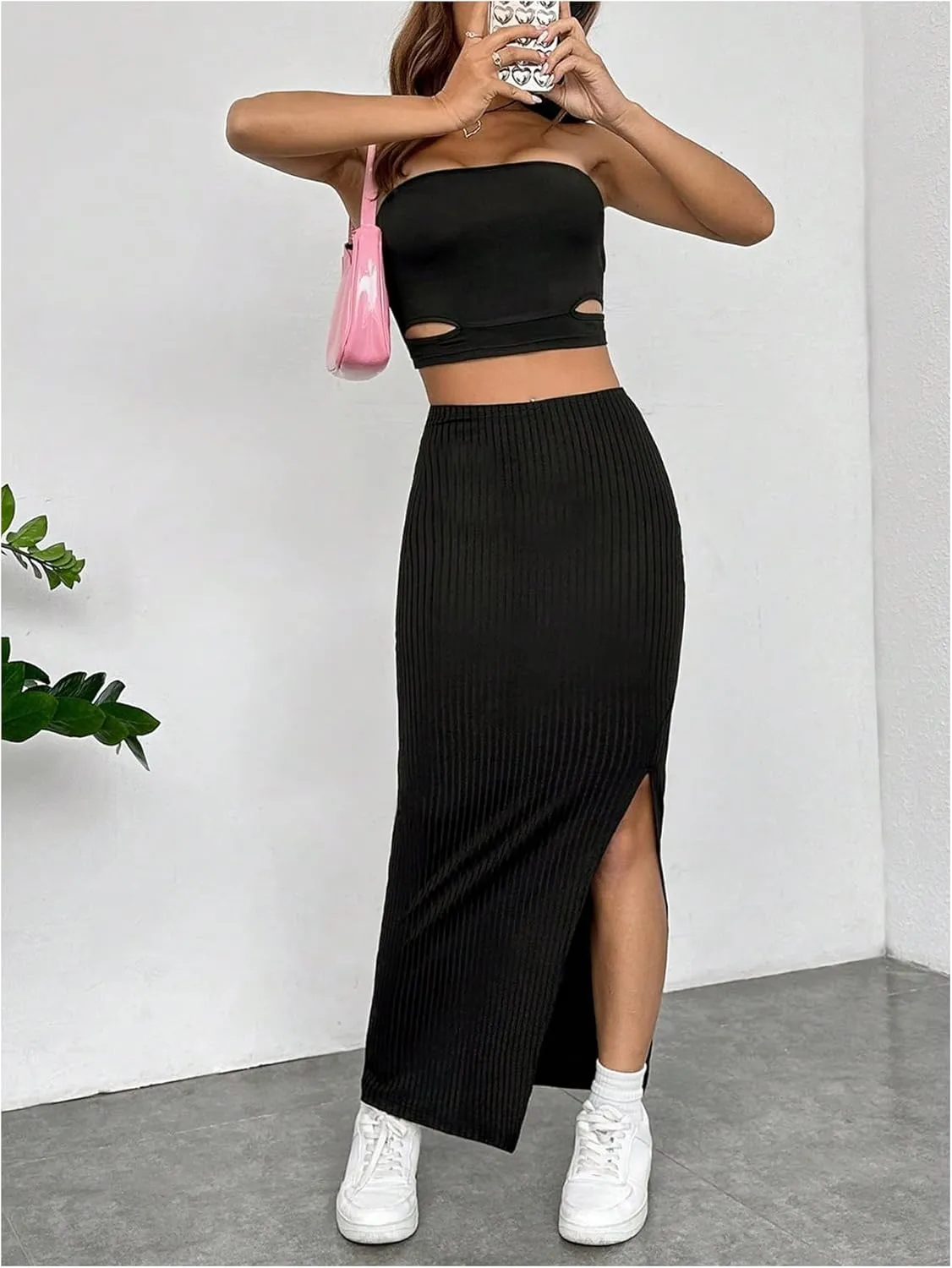 MakeMeChic Women's Elastic High Waisted Split Thigh Skirts Casual Bodycon Pencil Maxi Long Skirt