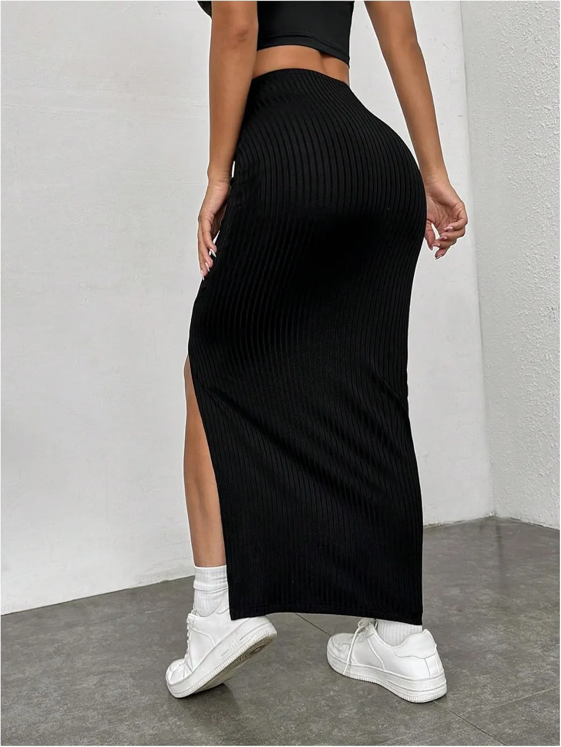 MakeMeChic Women's Elastic High Waisted Split Thigh Skirts Casual Bodycon Pencil Maxi Long Skirt