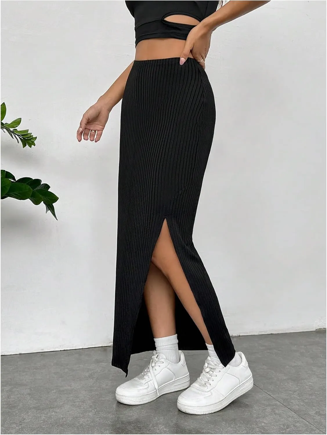 MakeMeChic Women's Elastic High Waisted Split Thigh Skirts Casual Bodycon Pencil Maxi Long Skirt