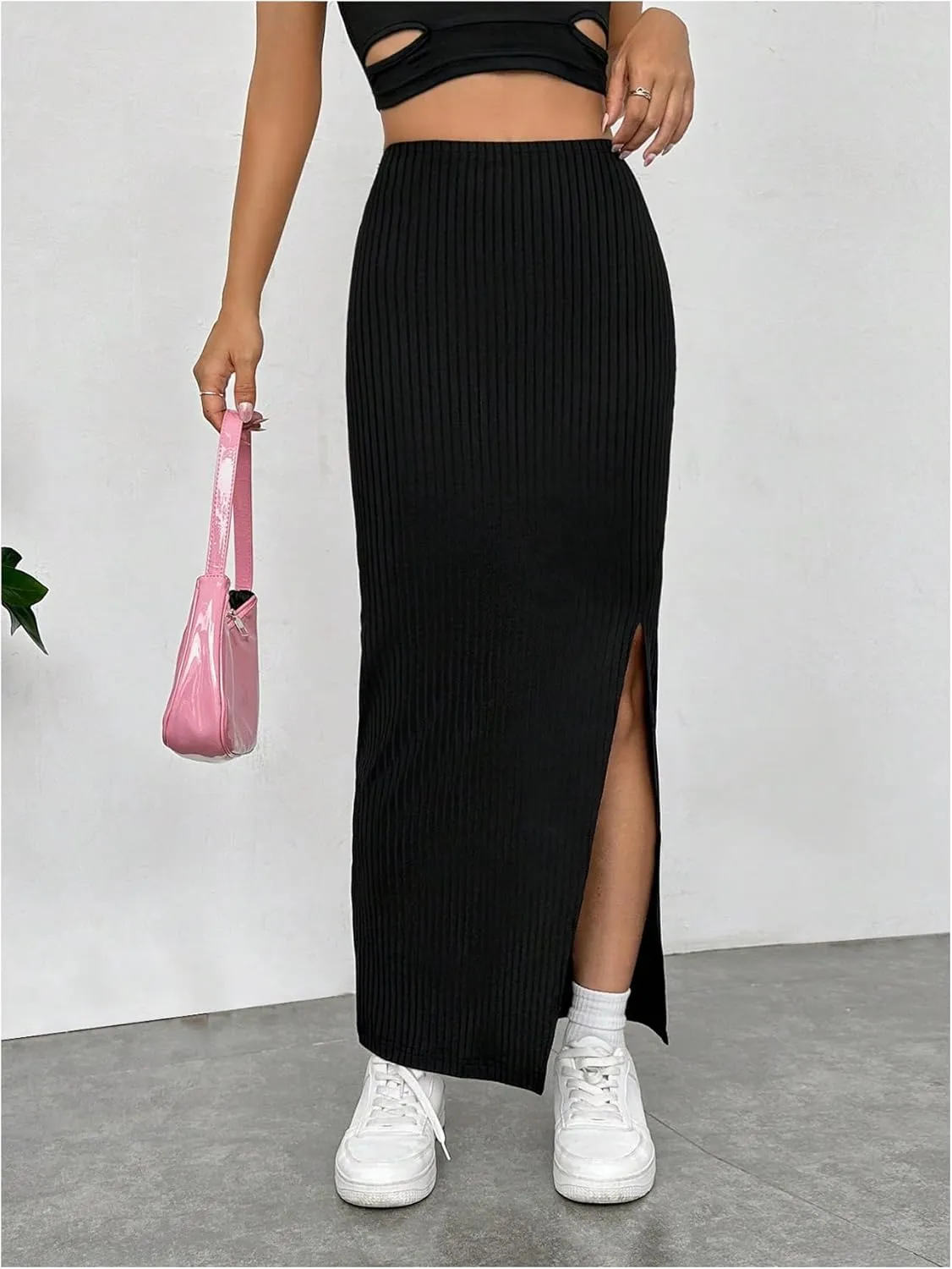 MakeMeChic Women's Elastic High Waisted Split Thigh Skirts Casual Bodycon Pencil Maxi Long Skirt