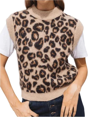 MakeMeChic Women's Leopard Print Vest Top Y2K Crew Neck Sleeveless Sweater Vests