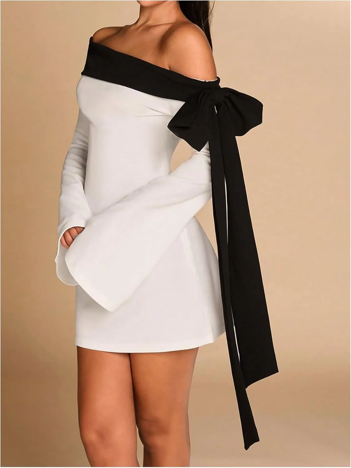 MakeMeChic Women's Off The Shoulder Bell Sleeve Mini Dress Bowknot Cocktail Party Bodycon Dresses