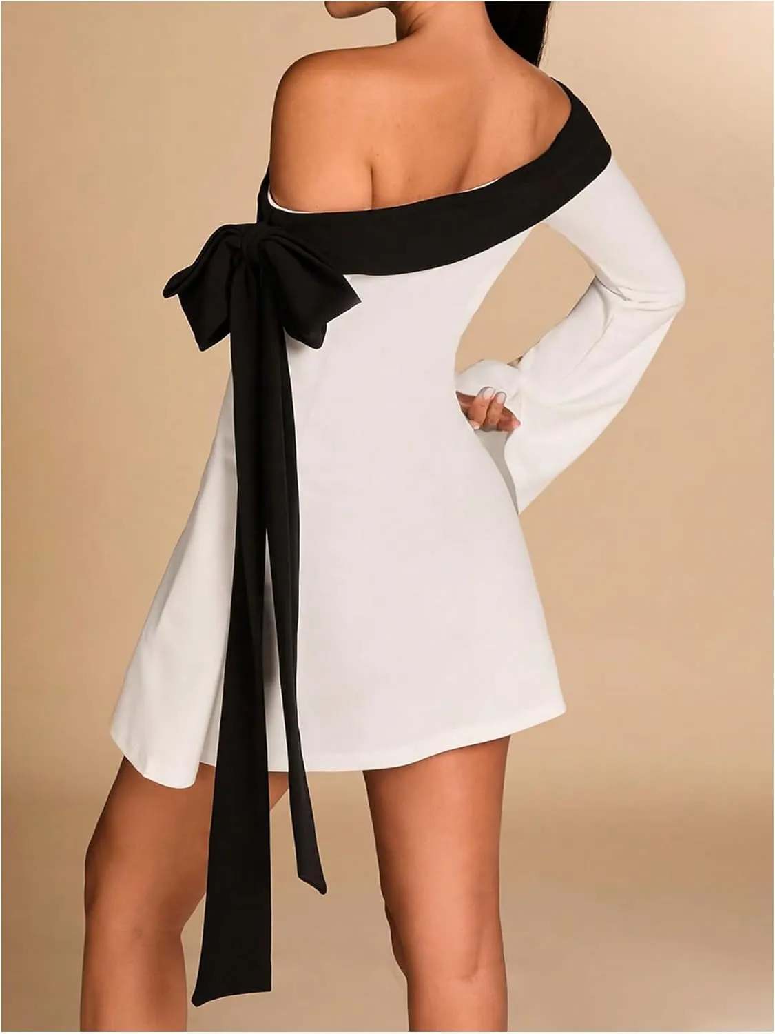 MakeMeChic Women's Off The Shoulder Bell Sleeve Mini Dress Bowknot Cocktail Party Bodycon Dresses