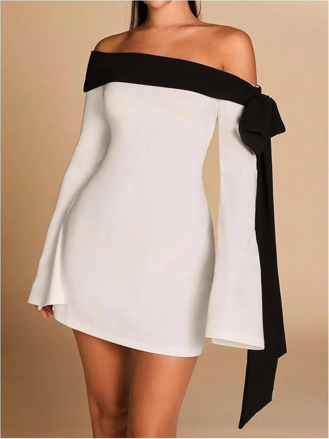 MakeMeChic Women's Off The Shoulder Bell Sleeve Mini Dress Bowknot Cocktail Party Bodycon Dresses
