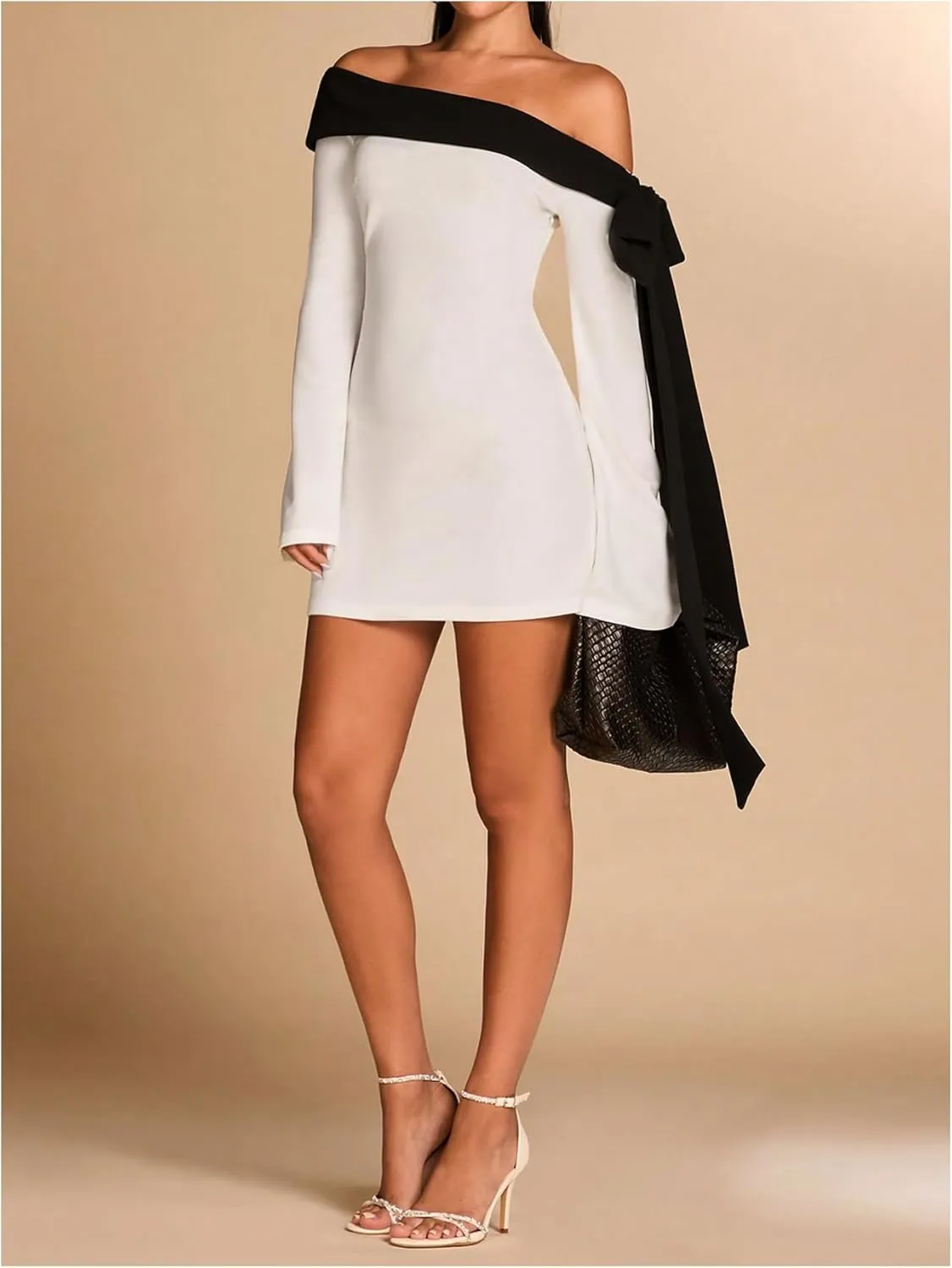 MakeMeChic Women's Off The Shoulder Bell Sleeve Mini Dress Bowknot Cocktail Party Bodycon Dresses