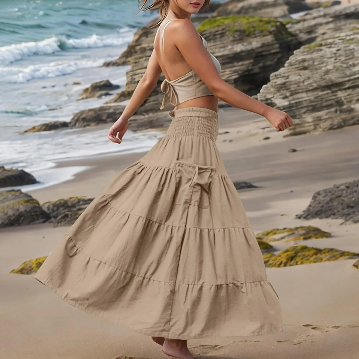 Maxi Skirts for Women Elastic High Waist Tiered A-Line Pleated Long Skirt Summer Flowy Swing Boho Solid Beach Clothes