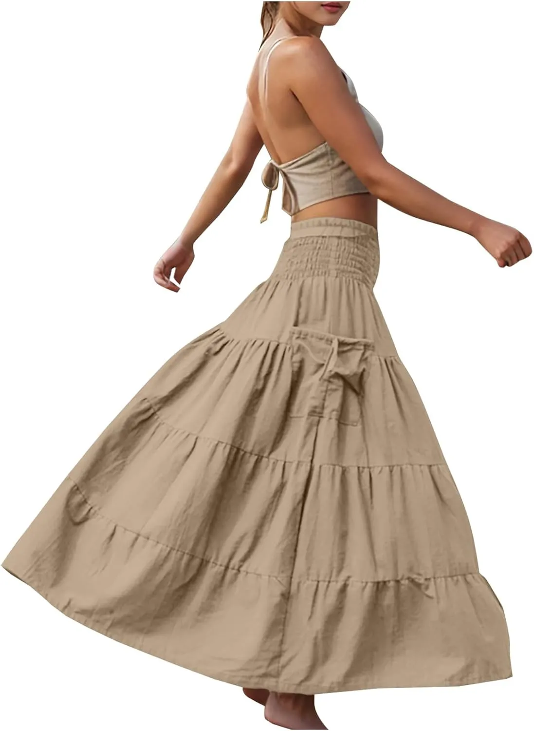 Maxi Skirts for Women Elastic High Waist Tiered A-Line Pleated Long Skirt Summer Flowy Swing Boho Solid Beach Clothes