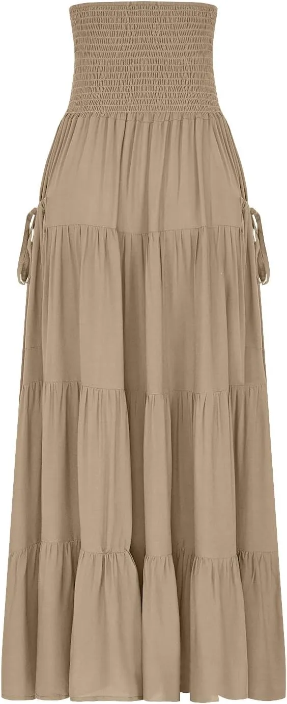 Maxi Skirts for Women Elastic High Waist Tiered A-Line Pleated Long Skirt Summer Flowy Swing Boho Solid Beach Clothes