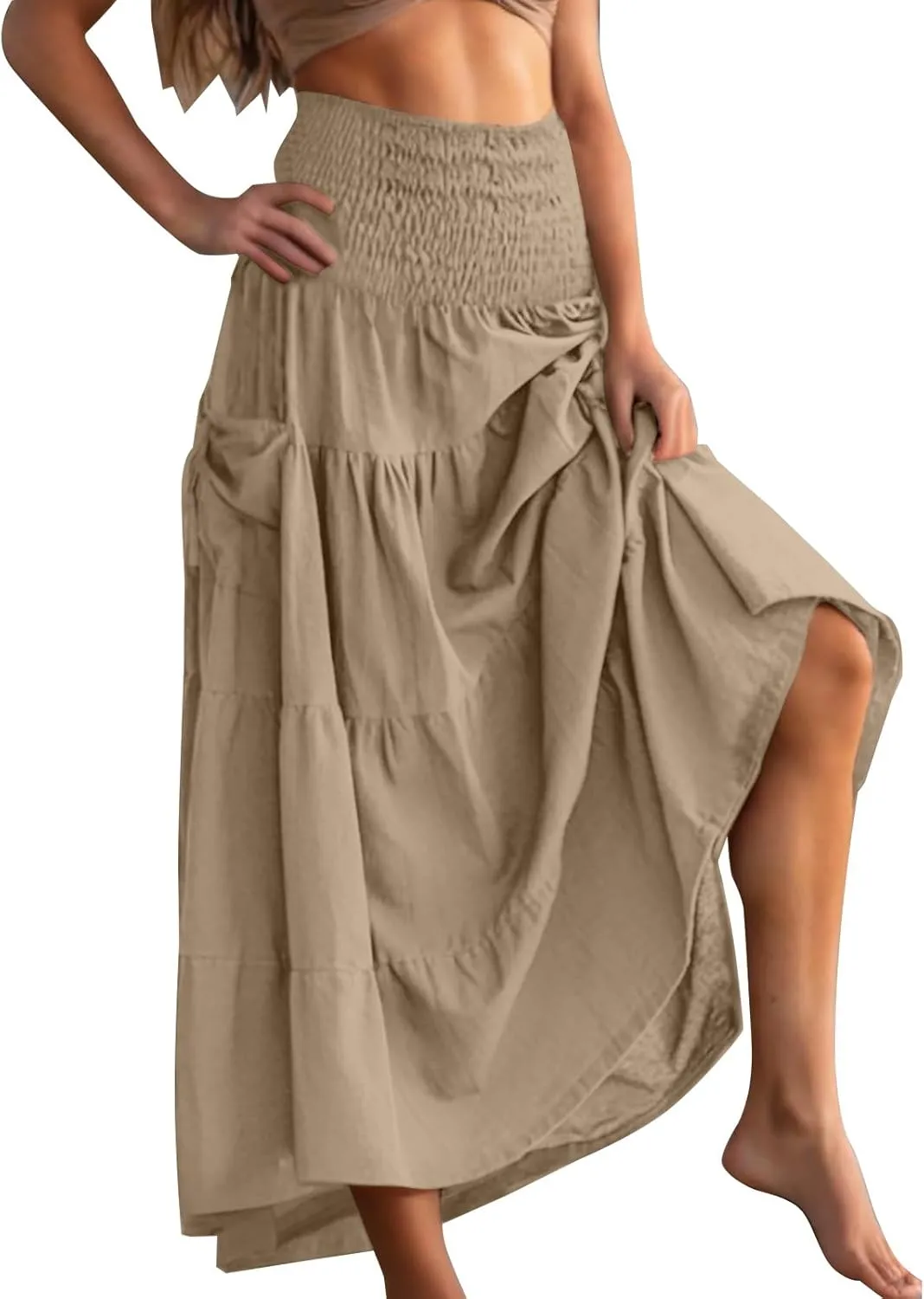 Maxi Skirts for Women Elastic High Waist Tiered A-Line Pleated Long Skirt Summer Flowy Swing Boho Solid Beach Clothes