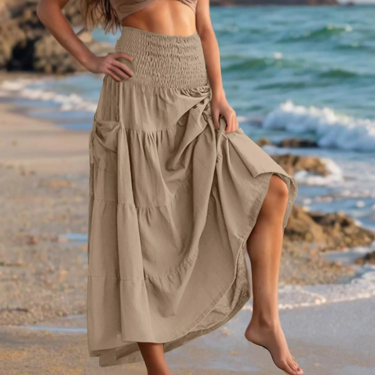 Maxi Skirts for Women Elastic High Waist Tiered A-Line Pleated Long Skirt Summer Flowy Swing Boho Solid Beach Clothes