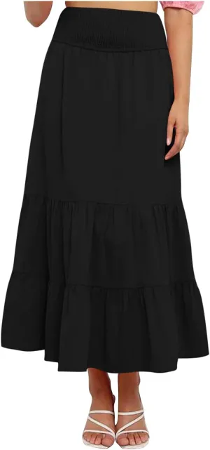 Maxi Skirts for Women Summer Boho Elastic High Waist Pleated Ruffle Tiered Skorts Casual Fashion Solid Flowy Skirt