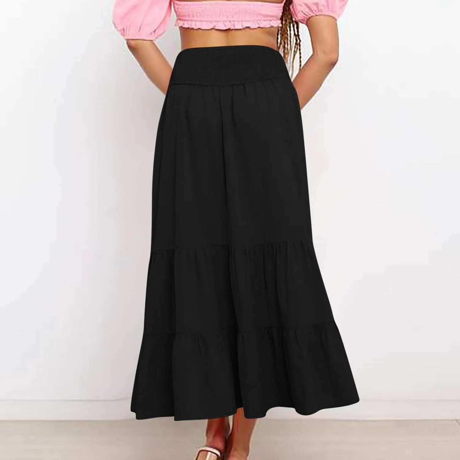 Maxi Skirts for Women Summer Boho Elastic High Waist Pleated Ruffle Tiered Skorts Casual Fashion Solid Flowy Skirt
