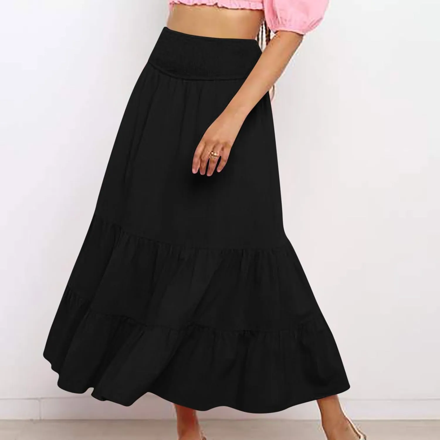 Maxi Skirts for Women Summer Boho Elastic High Waist Pleated Ruffle Tiered Skorts Casual Fashion Solid Flowy Skirt