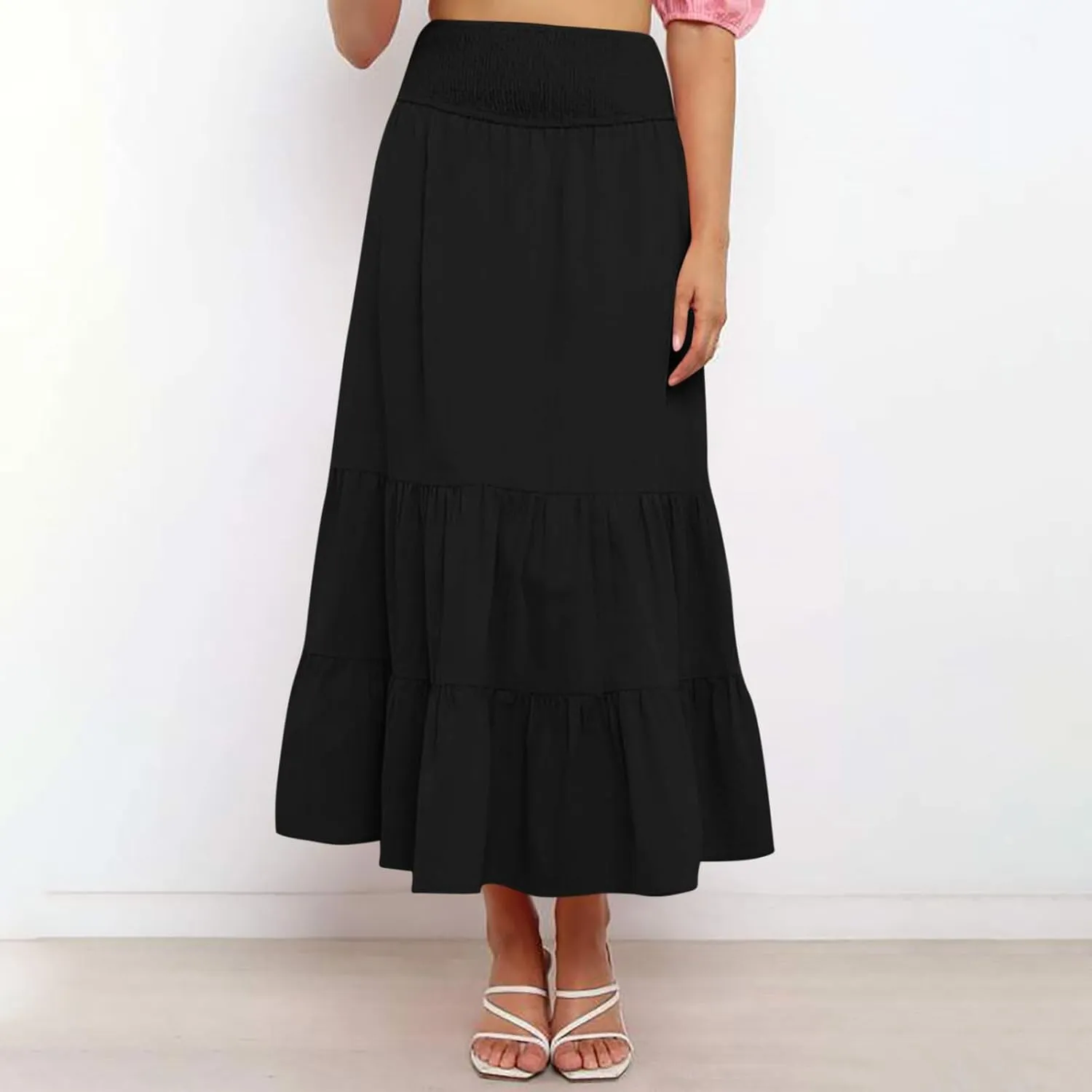 Maxi Skirts for Women Summer Boho Elastic High Waist Pleated Ruffle Tiered Skorts Casual Fashion Solid Flowy Skirt