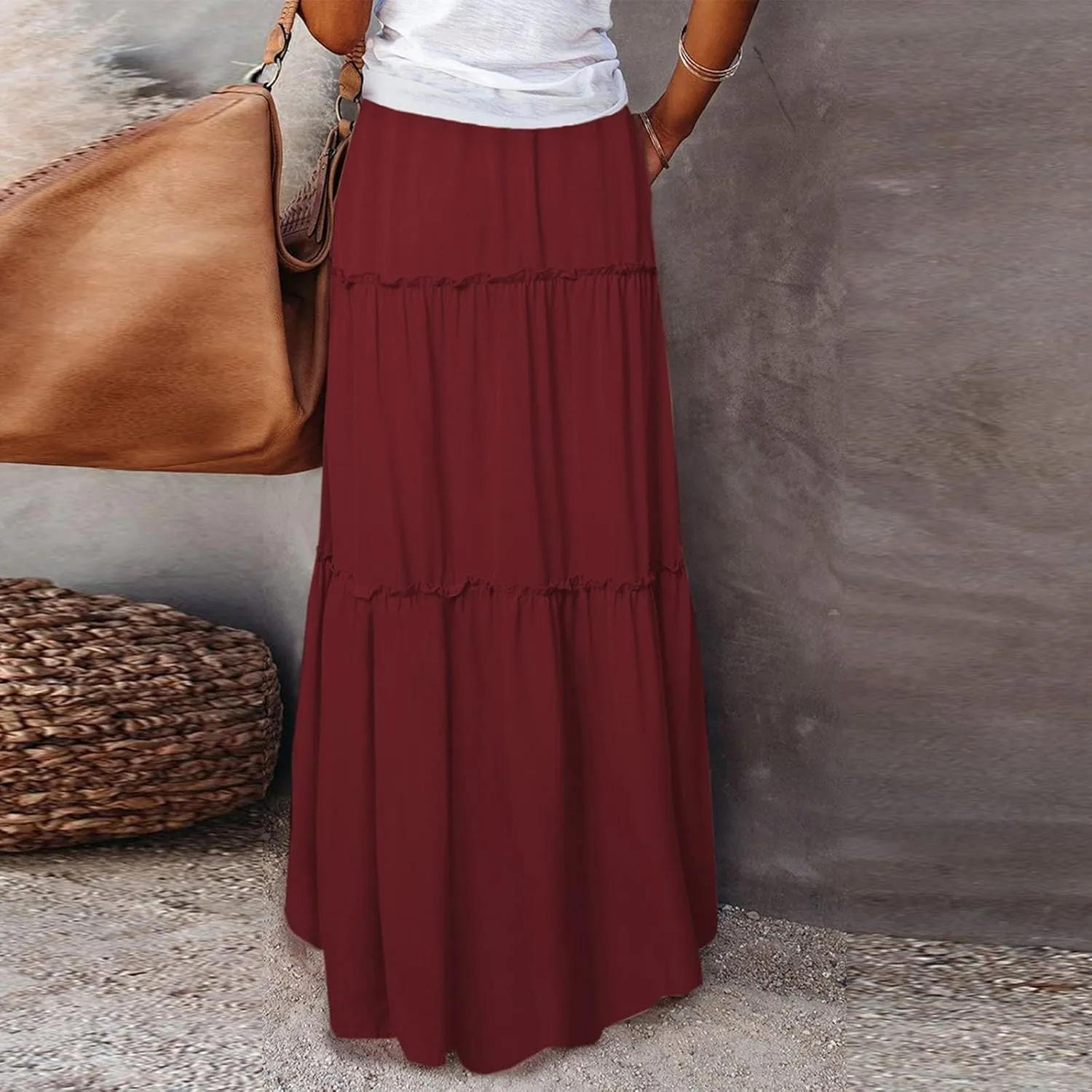 Maxi Skirts for Women,Womens Boho Maxi Skirt with Pockets Trendy Linen Elastic High Waisted Flowy Long Skirts 2025