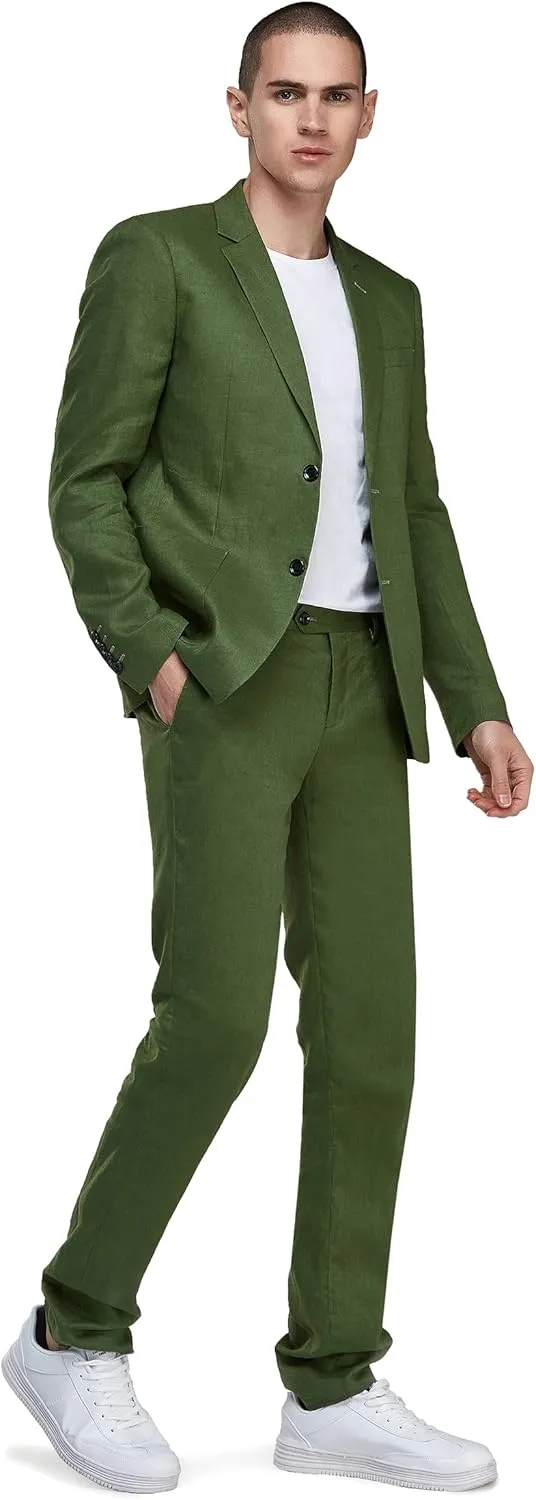 Men's 2 Piece 100% Linen Slim Fit Suit Two Buttons Blazer & Suit Pants Set Solid Business Suits