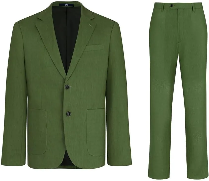 Men's 2 Piece 100% Linen Slim Fit Suit Two Buttons Blazer & Suit Pants Set Solid Business Suits