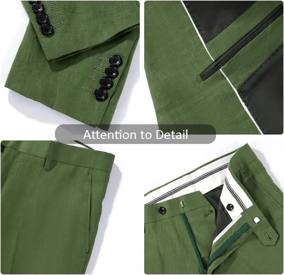 Men's 2 Piece 100% Linen Slim Fit Suit Two Buttons Blazer & Suit Pants Set Solid Business Suits