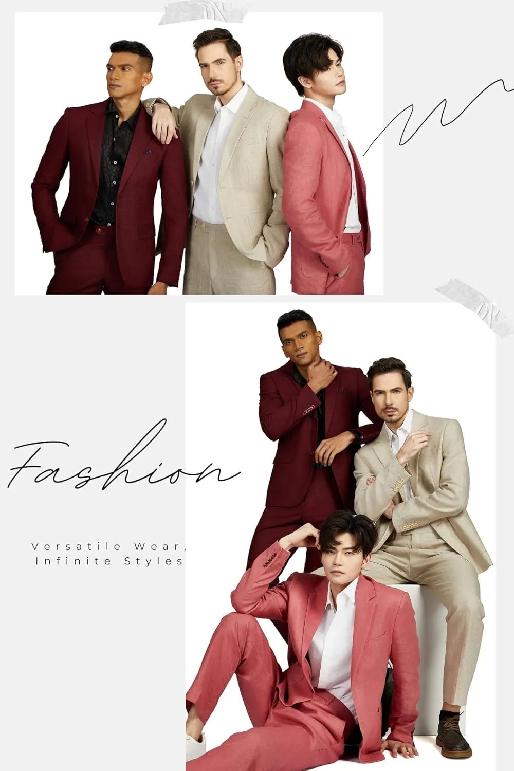 Men's 2 Piece 100% Linen Slim Fit Suit Two Buttons Blazer & Suit Pants Set Solid Business Suits