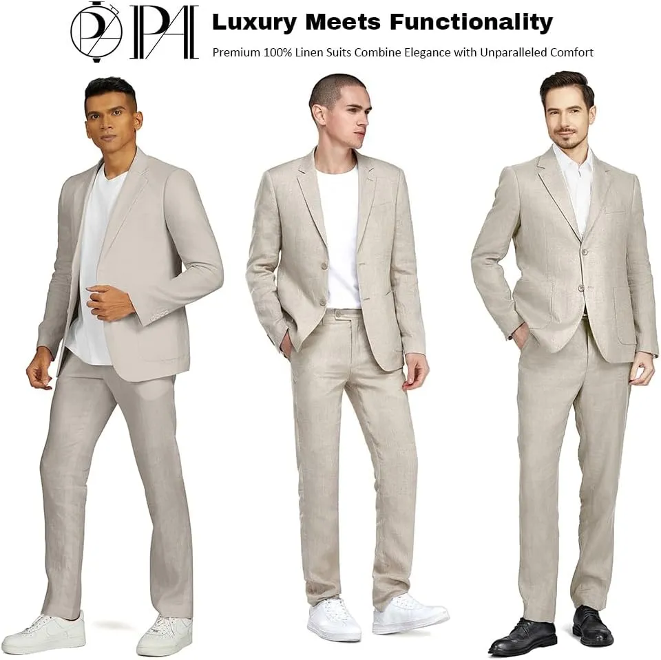 Men's 2 Piece 100% Linen Slim Fit Suit Two Buttons Blazer & Suit Pants Set Solid Business Suits