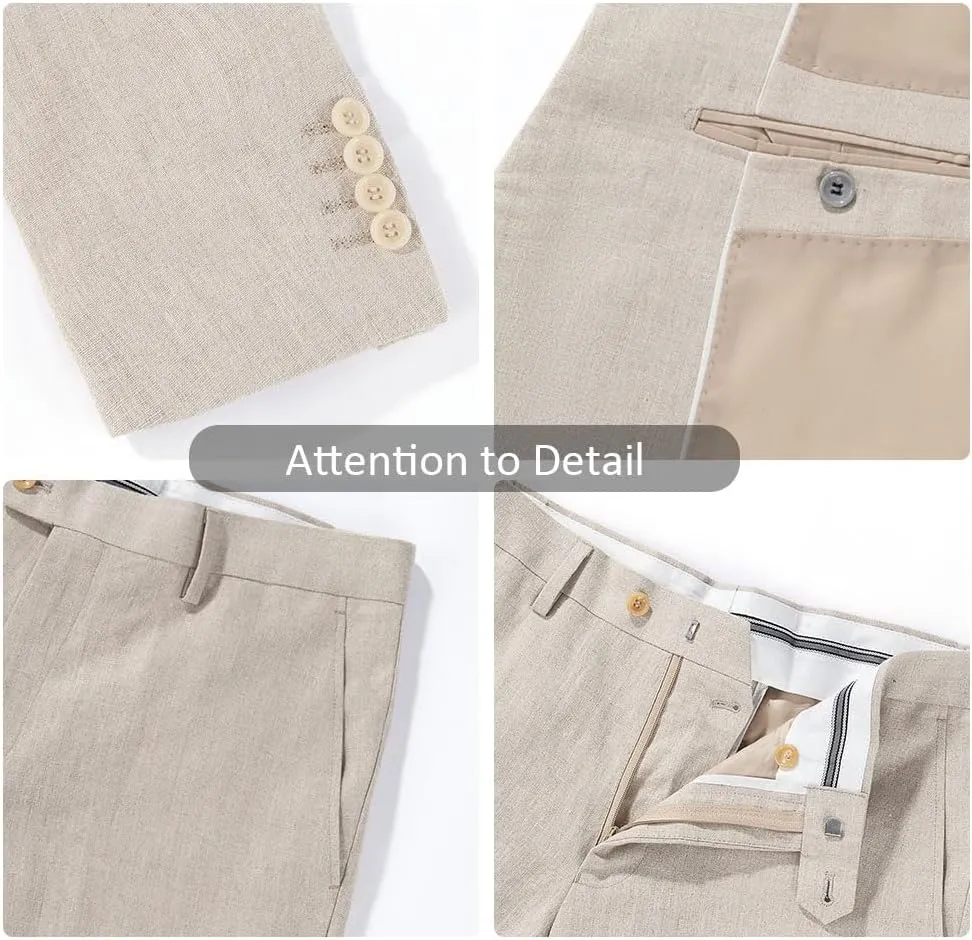 Men's 2 Piece 100% Linen Slim Fit Suit Two Buttons Blazer & Suit Pants Set Solid Business Suits
