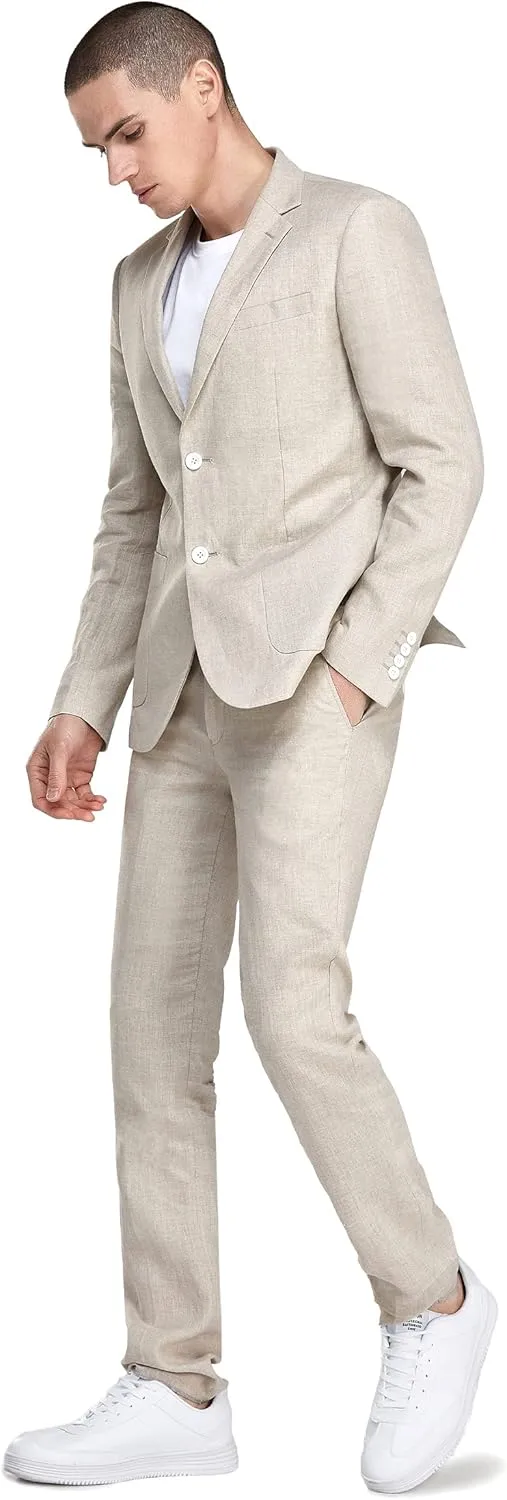 Men's 2 Piece 100% Linen Slim Fit Suit Two Buttons Blazer & Suit Pants Set Solid Business Suits