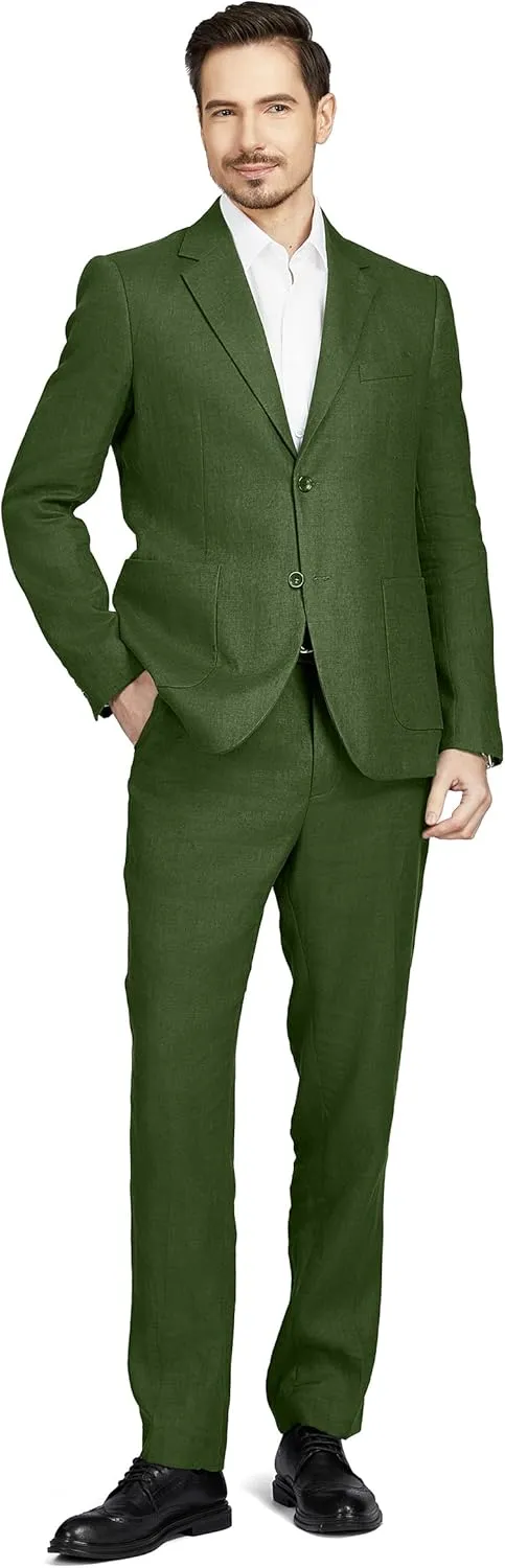 Men's 2 Piece 100% Linen Slim Fit Suit Two Buttons Blazer & Suit Pants Set Solid Business Suits