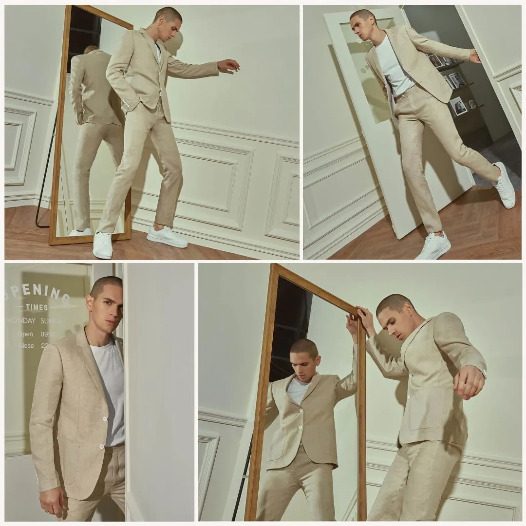 Men's 2 Piece 100% Linen Slim Fit Suit Two Buttons Blazer & Suit Pants Set Solid Business Suits