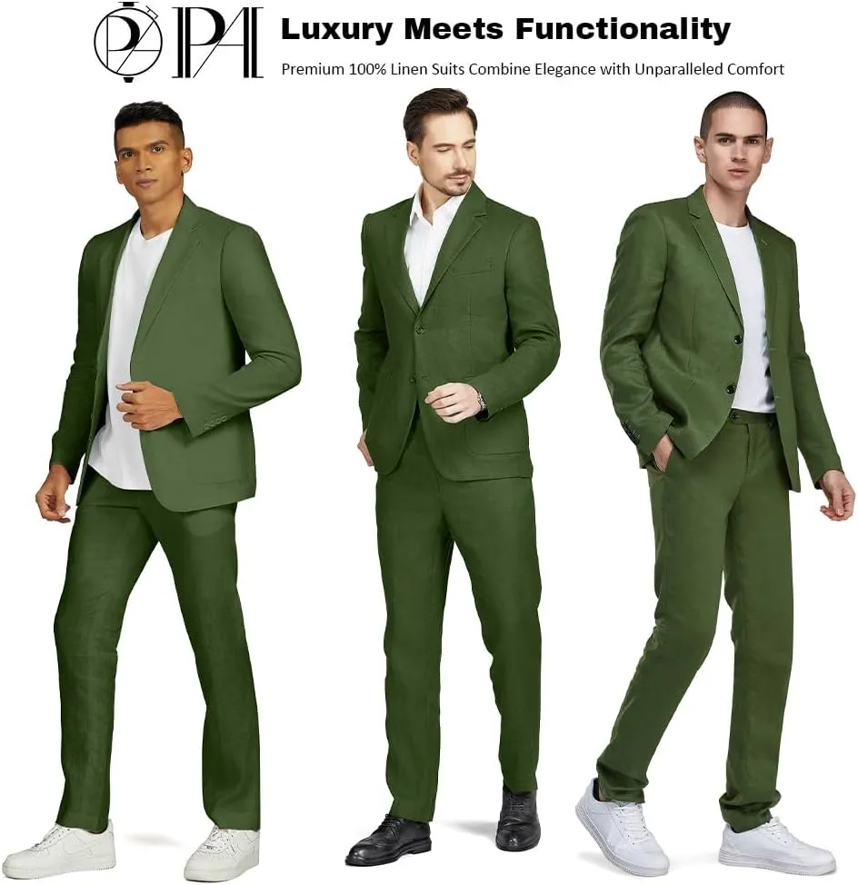 Men's 2 Piece 100% Linen Slim Fit Suit Two Buttons Blazer & Suit Pants Set Solid Business Suits