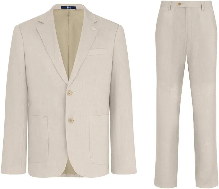 Men's 2 Piece 100% Linen Slim Fit Suit Two Buttons Blazer & Suit Pants Set Solid Business Suits