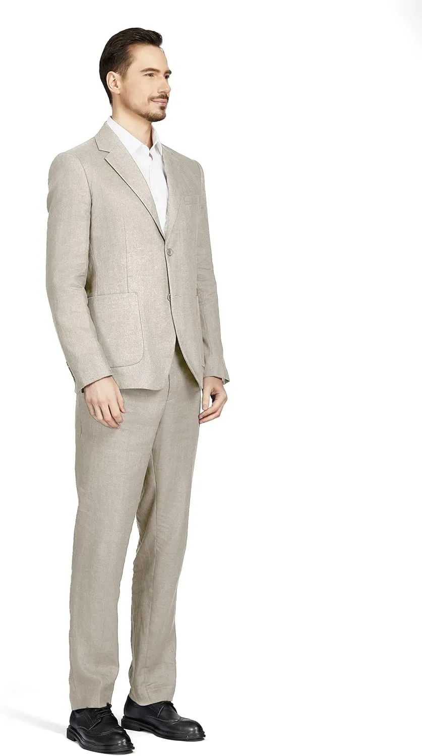 Men's 2 Piece 100% Linen Slim Fit Suit Two Buttons Blazer & Suit Pants Set Solid Business Suits