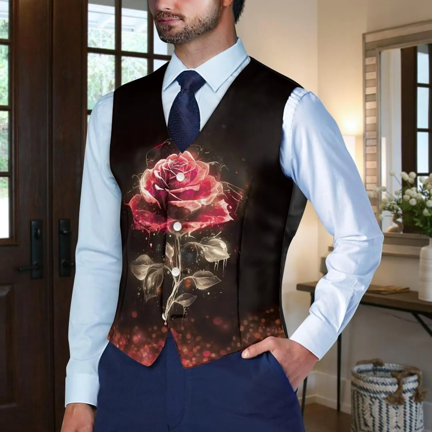 Men's Casual Business Vests Lightweight Waistcoat Slim Fit Suit Vest V-neck Button Down Holiday Vest