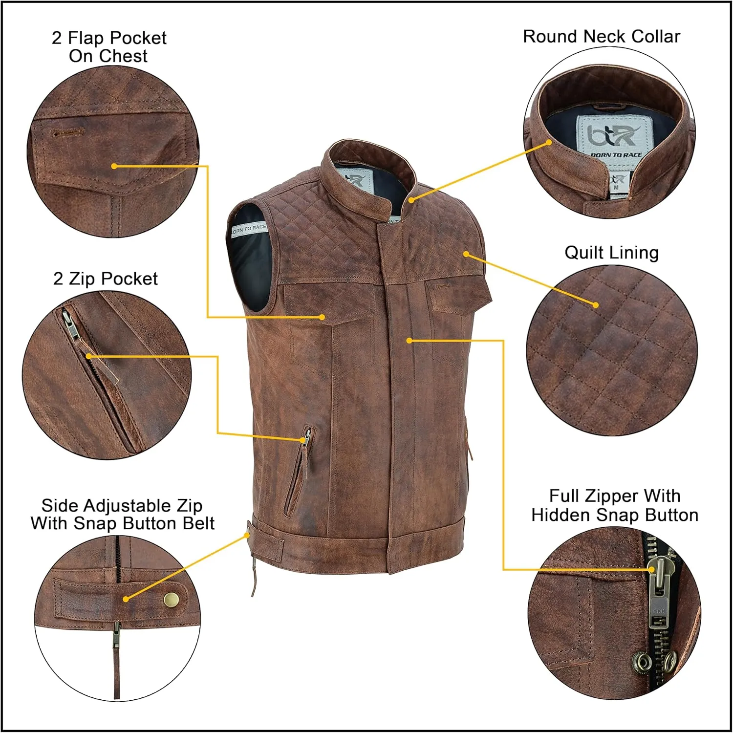 Men's Motorcycle Premium Quality Leather Sleeveless Vest Motorbike Motocross Biker Riders Vests