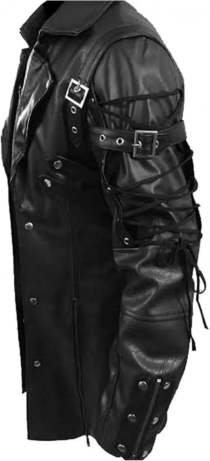 Men's Real Black Leather Goth Matrix Trench Coat Steampunk Gothic Jacket