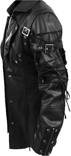 Men's Real Black Leather Goth Matrix Trench Coat Steampunk Gothic Jacket