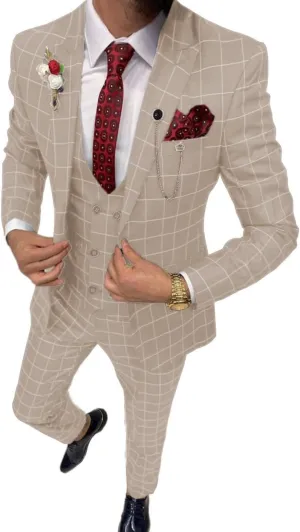 Mens Suit Plaid Tuxedos Business Suits Slim Fit Double Breasted