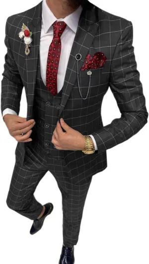 Mens Suit Plaid Tuxedos Business Suits Slim Fit Double Breasted