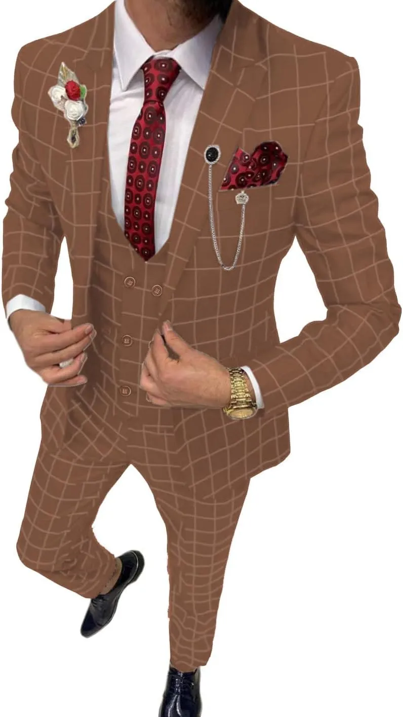 Mens Suit Plaid Tuxedos Business Suits Slim Fit Double Breasted